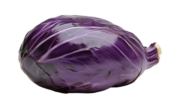 A vibrant purple cabbage with glossy leaves, showcasing its rich color and texture against a dark background. Isolated on white background.