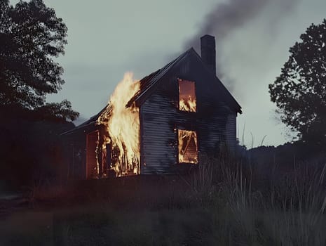 Burning Fire House Burn down Building. Flame Disaster Emergency