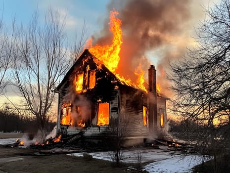 Burning Fire House Burn down Building. Flame Disaster Emergency