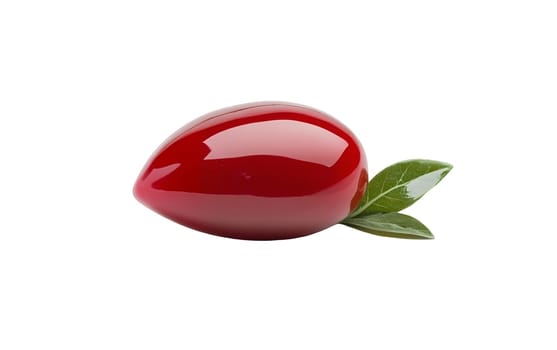 A glossy red fruit with shiny surface and green leaves, beautifully illuminated and isolated on a white background. Isolated on white background.