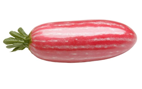 A creative hybrid fruit combining elements of a strawberry and a cucumber, showcasing unique textures and colors. Isolated on white background.