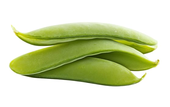 Trio of fresh green snow peas with a velvety texture, showcasing their natural freshness. Isolated on white background.