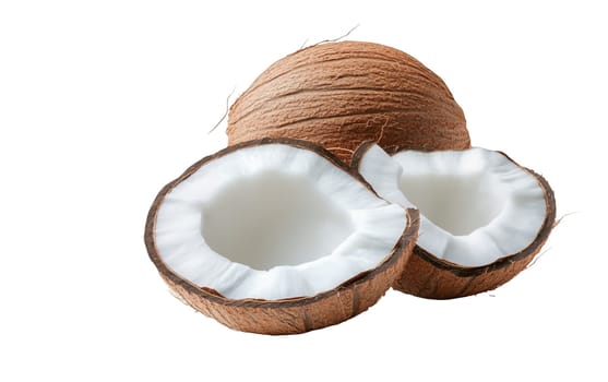 Fresh coconuts split in half reveal creamy white flesh, ideal for tropical food and drink themes. Isolated on white background.