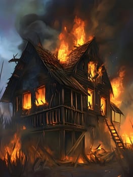 Burning Fire House Burn down Building. Flame Disaster Emergency