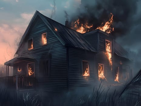 Burning Fire House Burn down Building. Flame Disaster Emergency