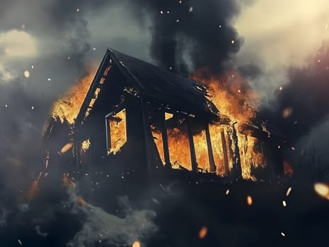 Burning Fire House Burn down Building. Flame Disaster Emergency