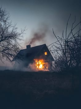 Burning Fire House Burn down Building. Flame Disaster Emergency