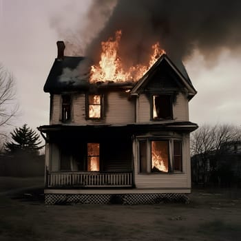 Burning Fire House Burn down Building. Flame Disaster Emergency