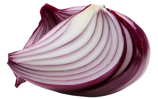 A quarter section of a red onion highlighting its layered structure and rich purple hues. Isolated on white background.