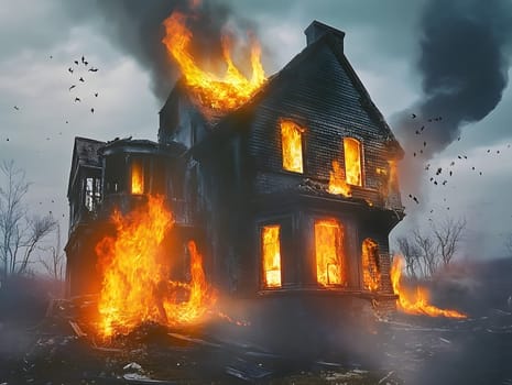 Burning Fire House Burn down Building. Flame Disaster Emergency