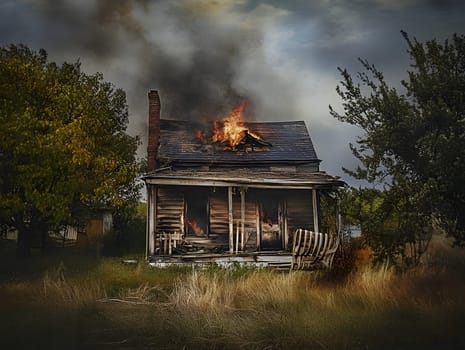 Burning Fire House Burn down Building. Flame Disaster Emergency