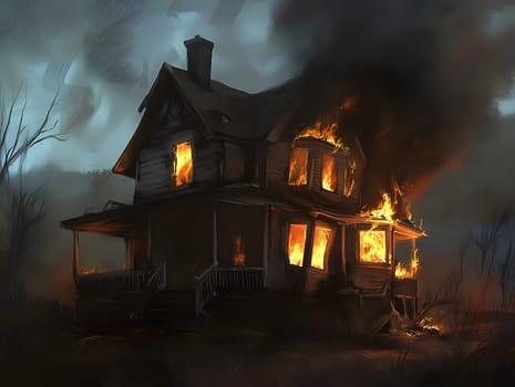 Burning Fire House Burn down Building. Flame Disaster Emergency