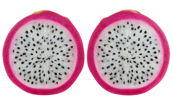 Two dragon fruit halves side by side, highlighting their vibrant color and seed speckled flesh. Isolated on white background.