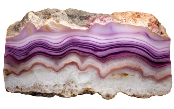A stunning banded agate gemstone revealing its layered patterns and natural colors. Isolated on white background.