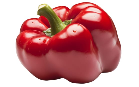 A fresh red bell pepper with water droplets, showcasing its vibrant color and glossy texture. Isolated on white background.