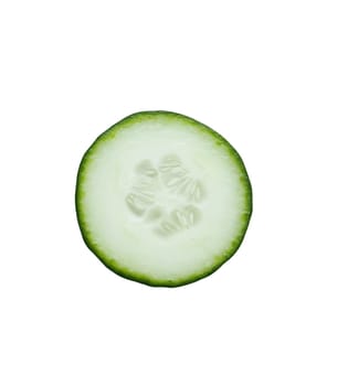 A fresh cucumber slice shows its crisp texture and light green color, isolated on a white background. Isolated on white background.