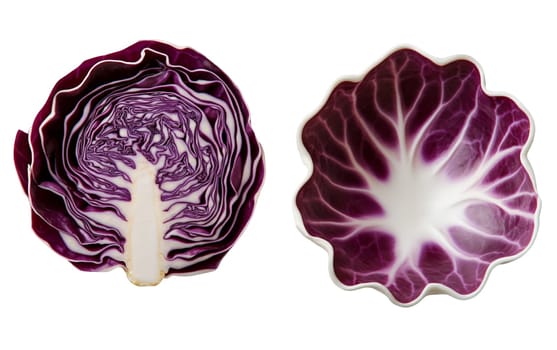 Close up of beautifully sliced purple cabbage, revealing intricate patterns and vibrant hues. Isolated on white background.