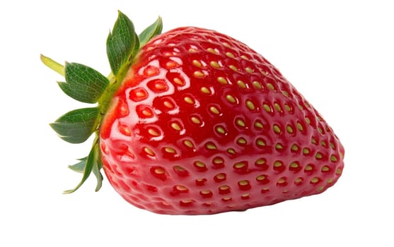 A ripe strawberry with vibrant red hues and green leaves, isolated on a white background. Isolated on white background.