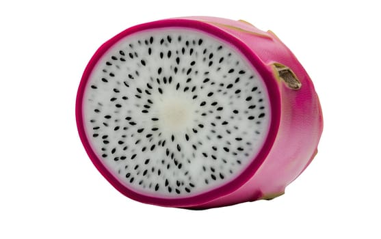 Close up of a vibrant dragon fruit half showcasing its unique white flesh speckled with white seeds. Isolated on white background.