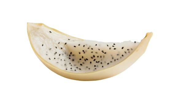 A slice of white dragon fruit displaying its delicate texture and scattered white seeds. Isolated on white background.