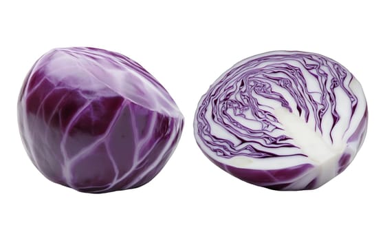 Two halves of a vibrant purple cabbage, displaying intricate layers and rich color. Isolated on white background.