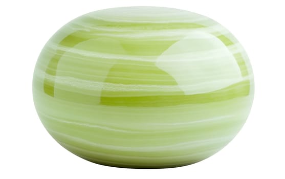 A spherical green glass object with glossy surface, displaying elegant translucent patterns and reflections. Isolated on white background.