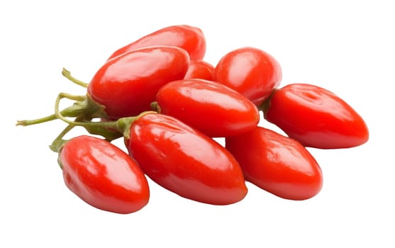 A vibrant cluster of red goji berries displayed on a white background, emphasizing their superfood qualities. Isolated on white background.