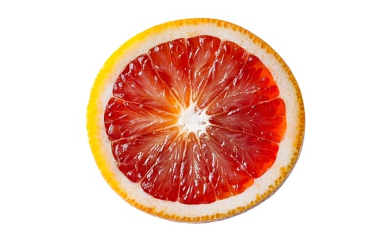 A cross section of a blood orange, displaying its vibrant red and orange hues, perfect for culinary uses. Isolated on white background.