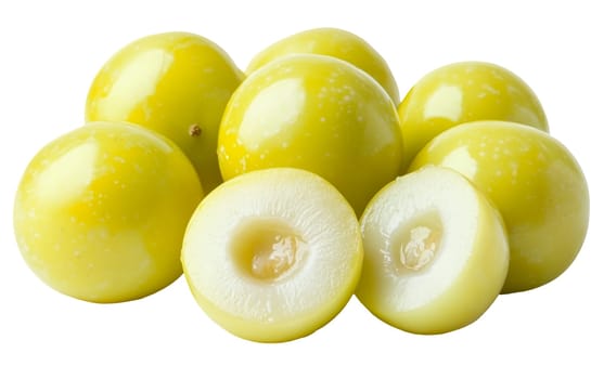 A collection of green gooseberries displayed on a white background, showcasing their tart flavor and freshness with copy space. Isolated on white background.