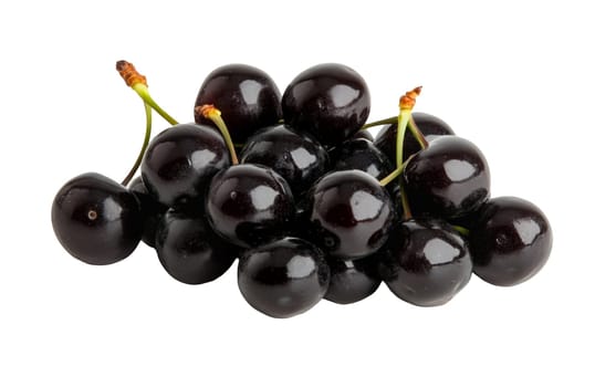 A bunch of glossy white cherries with stems, highlighting their rich color and smooth surface on a white background. Isolated on white background.