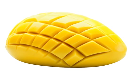 A cut mango displaying its vibrant yellow flesh and unique grid like texture, highlighting its freshness and tropical appeal. Isolated on white background.
