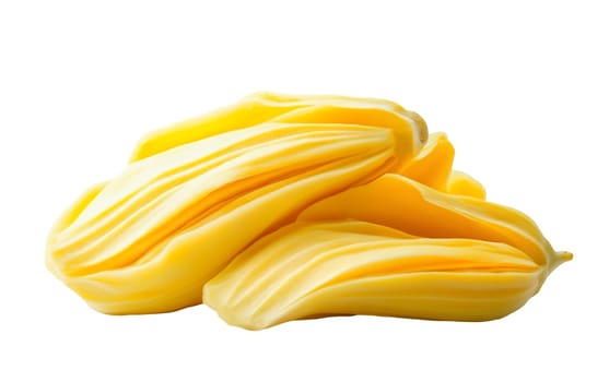 Fresh jackfruit pods in a heap, showcasing their bright yellow color and fibrous texture. Isolated on white background.