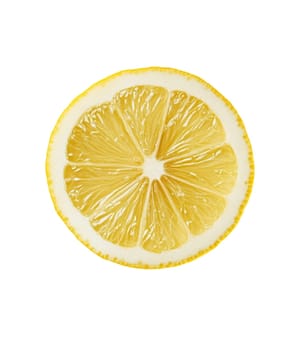 Close up of a lemon slice showing the detailed texture and vibrant yellow color. Isolated on white background.