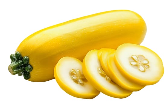 Whole yellow zucchini with slices, showcasing the bright color and fresh texture. Isolated on white background.