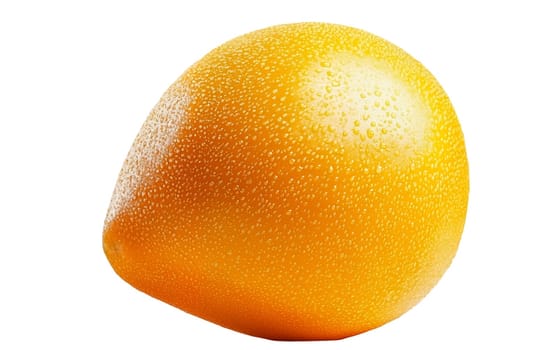 A vibrant yellow mango with dewdrops, highlighting its freshness and tropical appeal. Isolated on white background.