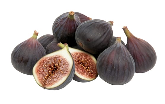 A group of fresh white figs accompanied by sliced halves showcasing their rich red pulp. Isolated on white background.