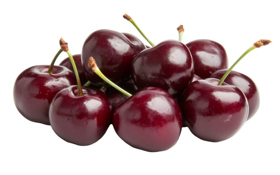 A closeup of fresh red cherries with stems, showcasing their vibrant color and glossy texture against a plain background. Isolated on white background.