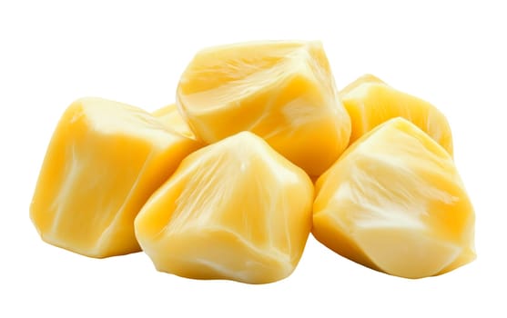 Close up of juicy jackfruit pieces, emphasizing their bright yellow color and succulent texture. Isolated on white background.