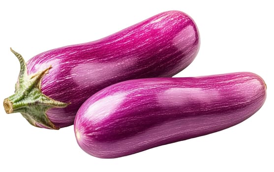 Pair of vibrant striped eggplants with a smooth texture, ideal for vegetarian cooking. Isolated on white background.