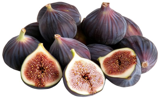 A collection of ripe white figs with two halves revealing their vibrant, juicy red interiors. Isolated on white background.