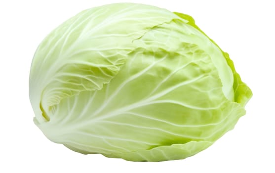 A whole green cabbage with smooth, layered leaves and fresh appearance. Isolated on white background.