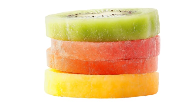 A stack of frozen fruit slices in vibrant colors, capturing the freshness and icy texture. Isolated on white background.