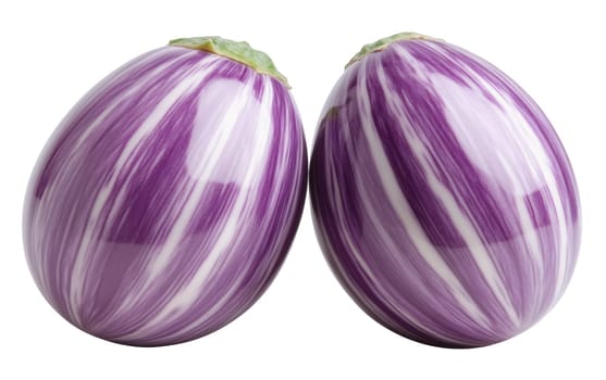 Glossy purple eggplants with a striking striped pattern, perfect for culinary use. Isolated on white background.