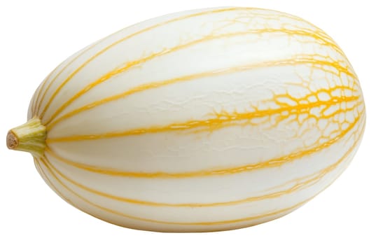 A striped Korean melon with a distinct pattern and smooth skin, highlighting its freshness and unique appearance. Isolated on white background.