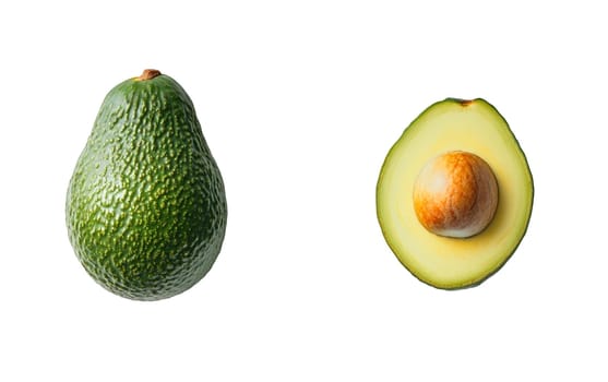 A whole green avocado paired with a halved one, highlighting the vibrant flesh and seed. Isolated on white background.