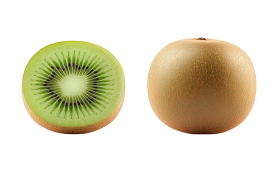 Fresh kiwi fruit shown whole and sliced, revealing the vibrant green interior with tiny white seeds. Isolated on white background.