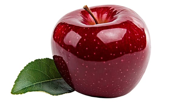 A glossy red apple with a leaf resting beside it, highlighting its smooth texture, on white. Isolated on white background.