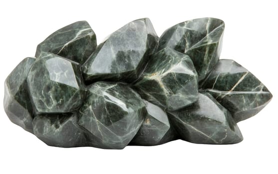 Cluster of polished green marble stones showcasing their natural beauty and texture. Isolated on white background.