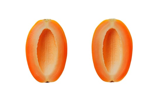 Two empty papaya halves showcasing the smooth orange flesh, isolated on a white background. Isolated on white background.