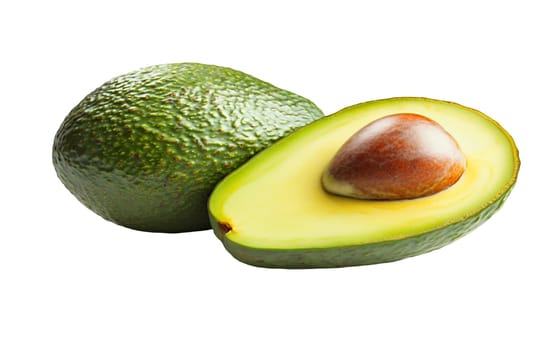 Two avocados, one halved to reveal the creamy interior and seed, set on a white background. Isolated on white background.